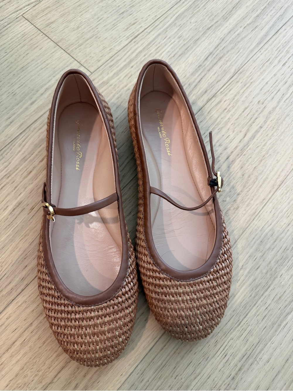 Gianvito Rossi Tan Woven Mary Jane Flats